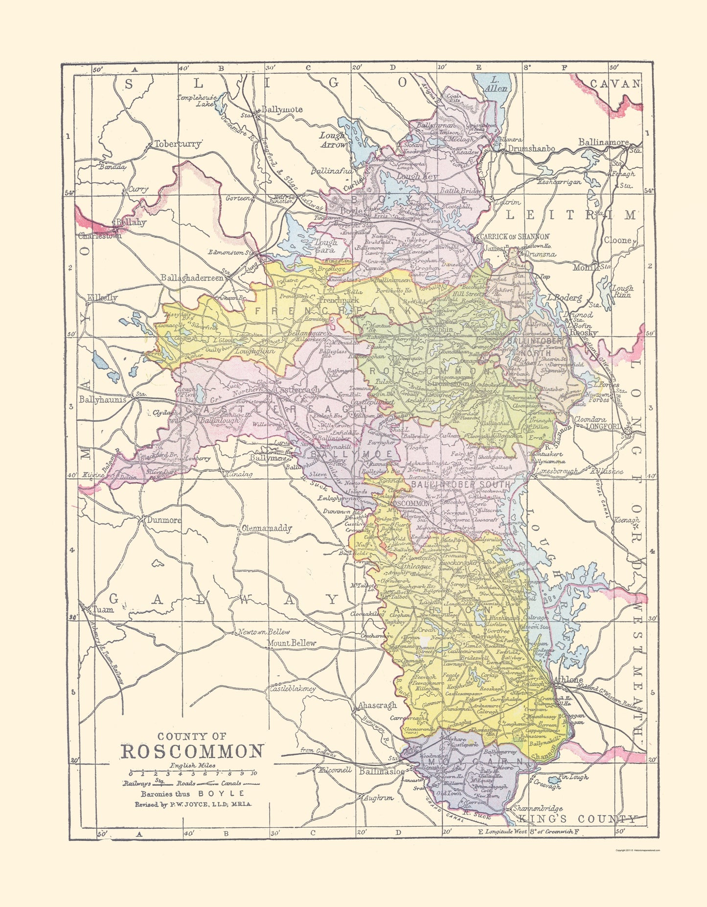 Historic Map - Roscommon County Ireland - Bartholomew 1882 - 23 x 29.50 - Vintage Wall Art