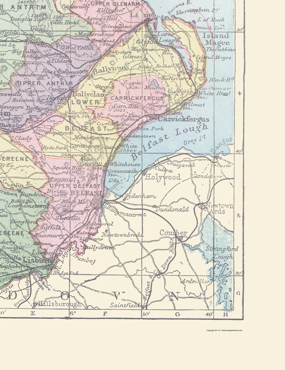 Historic Map - Antrim County Northern Ireland - Bartholomew 1882 - 23 x 29.88 - Vintage Wall Art