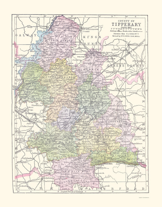 Historic Map - Tipperary County Ireland - Bartholomew 1882 - 23 x 29.46 - Vintage Wall Art