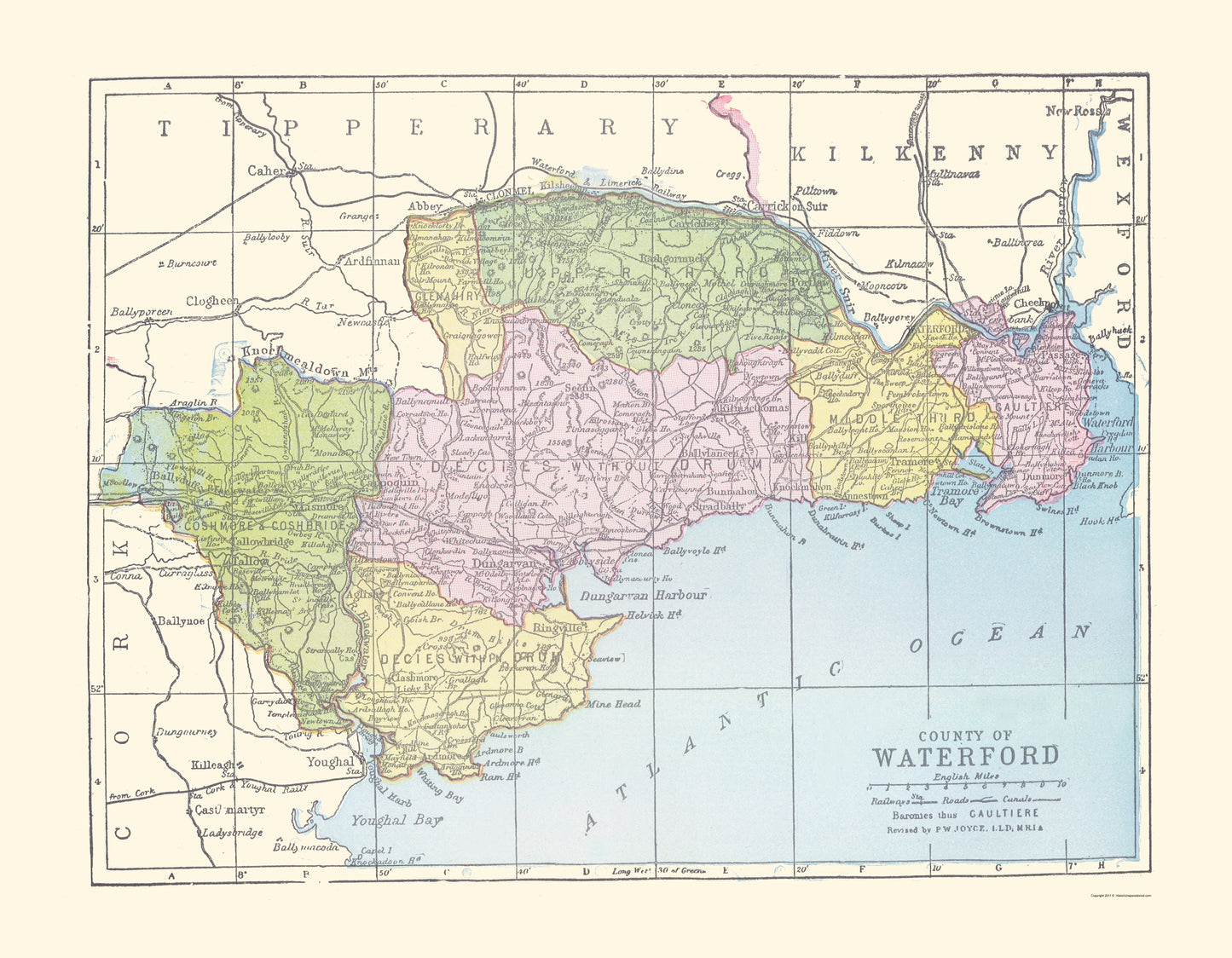 Historic Map - Waterford County Ireland - Bartholomew 1882 - 23 x 29.56 - Vintage Wall Art