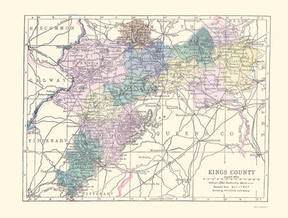 Historic Map - Kings County Ireland - Bartholomew 1882 - 23 x 30.23 - Vintage Wall Art