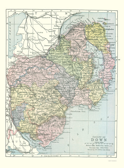 Historic Map - Down County Ireland - Bartholomew 1882 - 23 x 31.24 - Vintage Wall Art