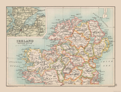 Historic Map - Ireland Northern - Bartholomew 1892 - 30.19 x 23 - Vintage Wall Art