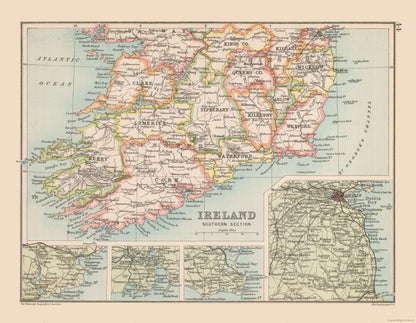 Historic Map - Ireland Southern - Bartholomew 1892 - 29.60 x 23 - Vintage Wall Art