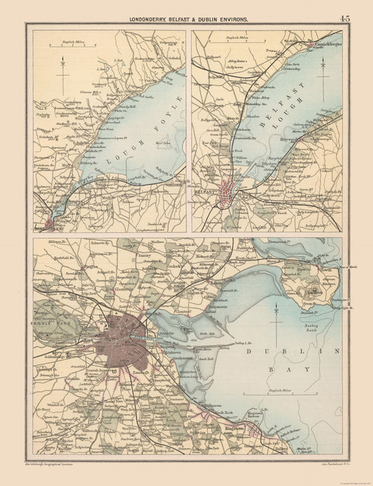 Historic Map - Londonderry Belfast Dublin Ireland - Bartholomew 1892 - 23 x 29.95 - Vintage Wall Art