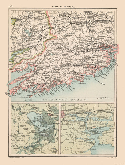 Historic Map - Ireland Southern - Bartholomew 1892 - 23 x 30.44 - Vintage Wall Art