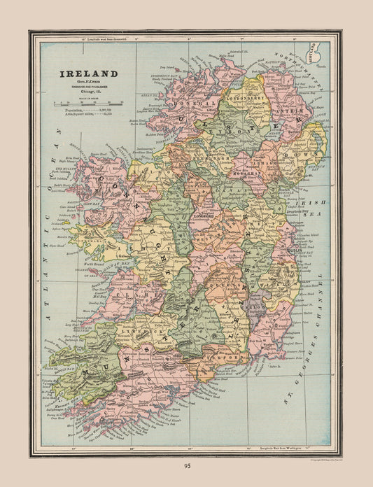 Historic Map - Ireland - Cram 1888 - 23 x 30.02 - Vintage Wall Art