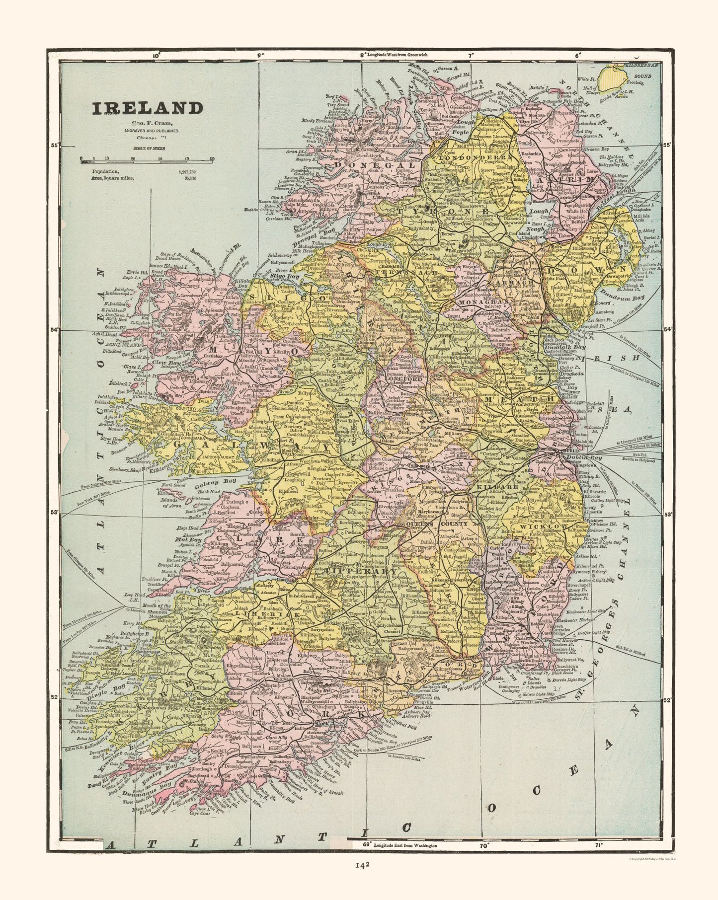 Historic Map - Ireland - Cram 1892 - 23 x 28.85 - Vintage Wall Art