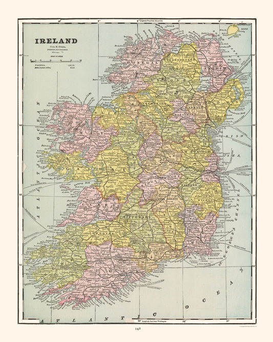 Historic Map - Ireland - Cram 1892 - 23 x 28.85 - Vintage Wall Art