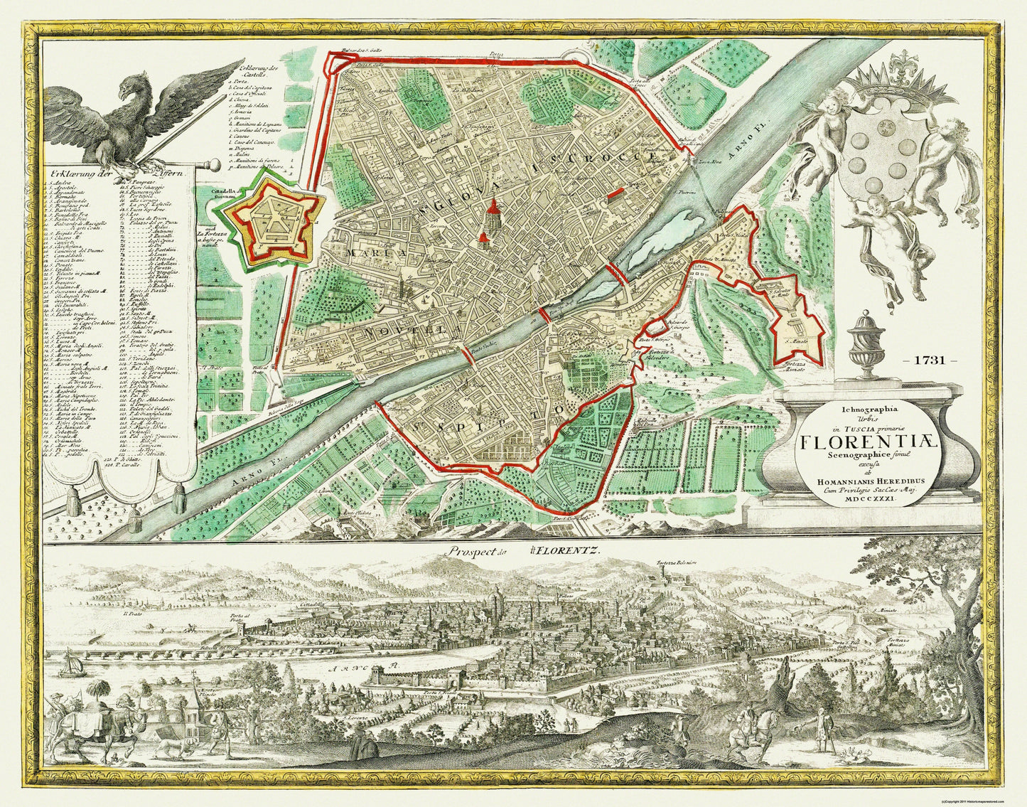 Historic Map - Florence Italy - Homann 1731 - 29.25 x 23 - Vintage Wall Art