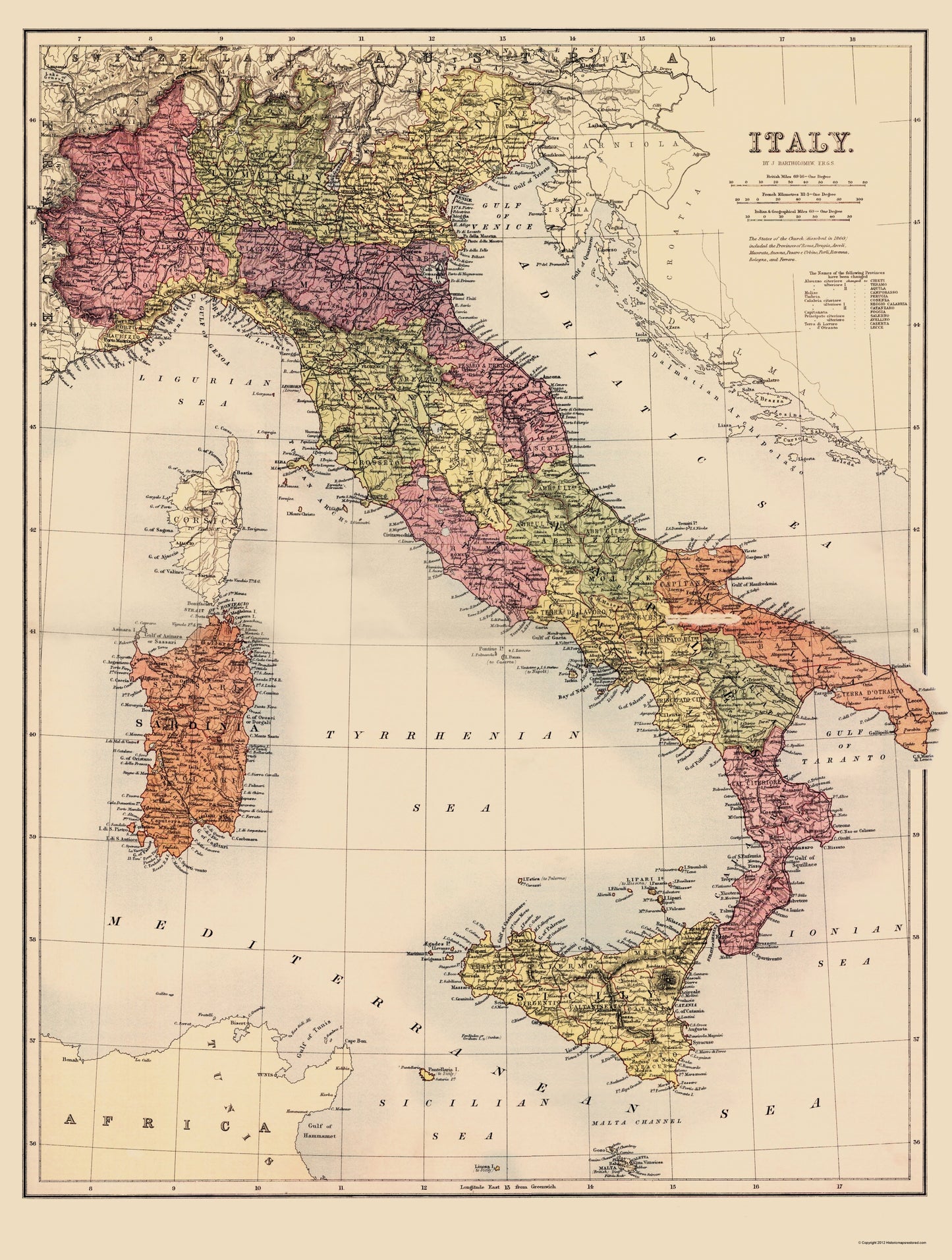 Historic Map - Italy - Bartholomew 1890 - 23 x 30.45 - Vintage Wall Art