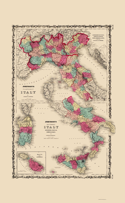 Historic Map - Italy - Johnson 1860 - 23 x 37.32 - Vintage Wall Art