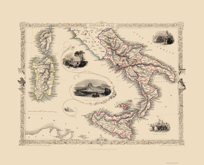 Historic Map - Italy Southern - Tallis 1851 - 23 x 28.45 - Vintage Wall Art