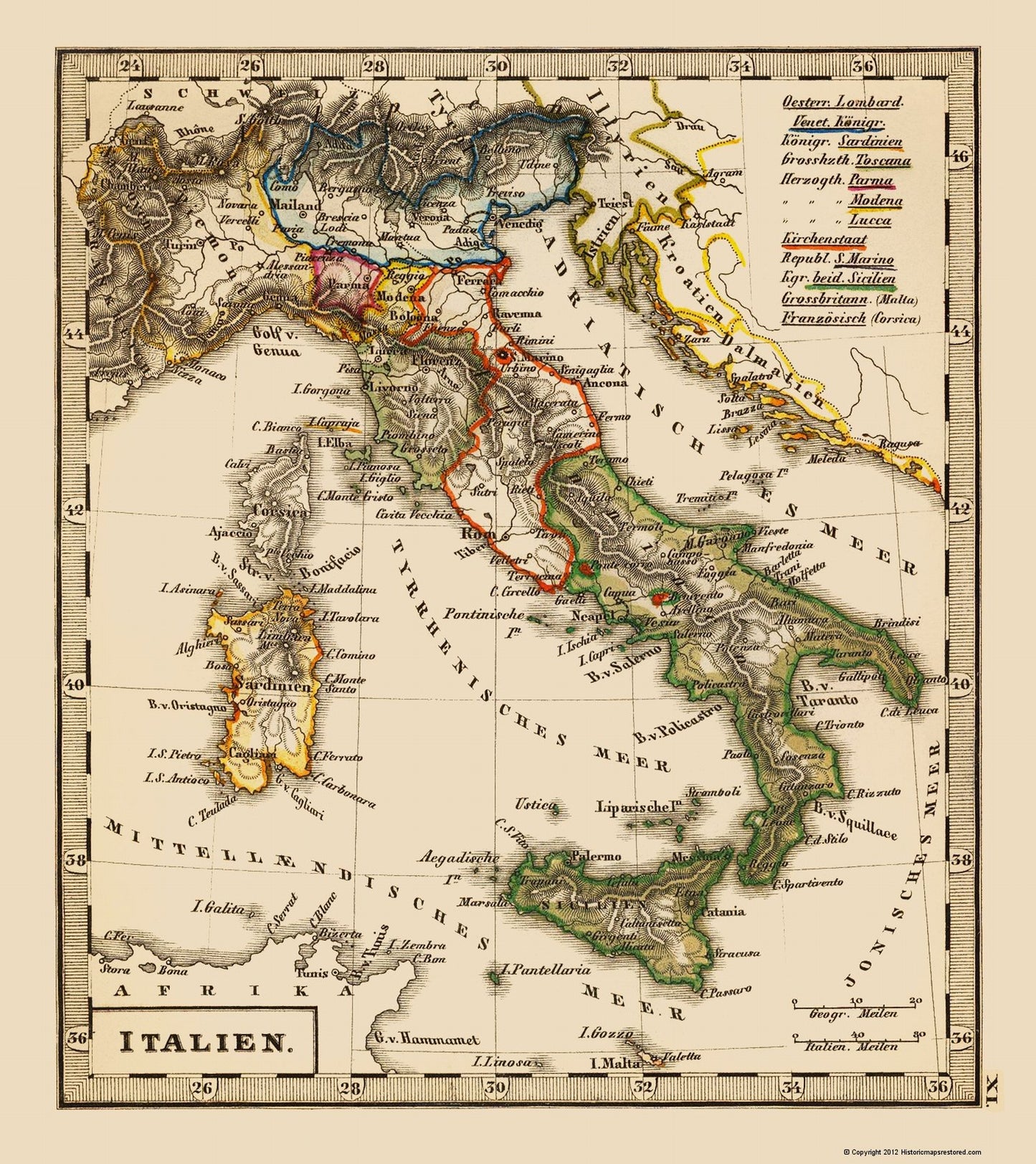 Historic Map - Italy - Stieler 1852 - 23 x 25.86 - Vintage Wall Art