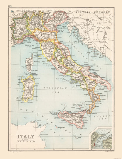 Historic Map - Italy - Bartholomew 1892 - 23 x 29.99 - Vintage Wall Art