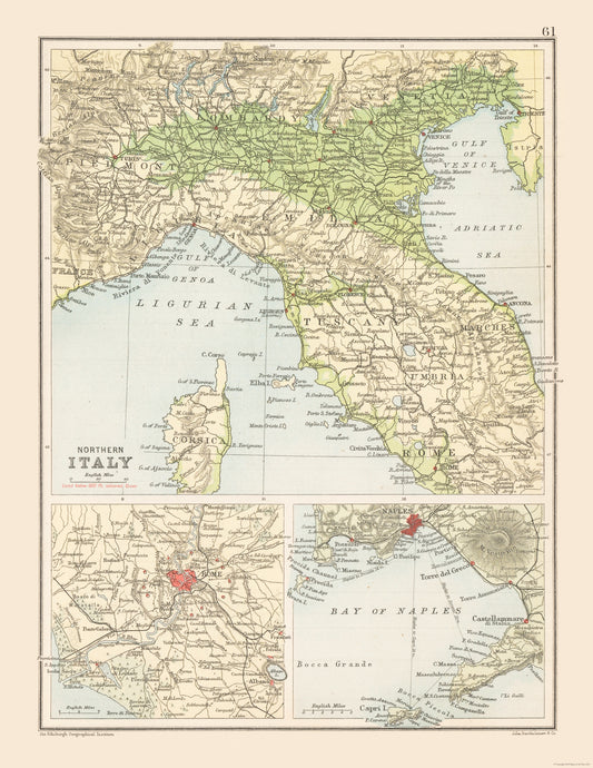 Historic Map - Italy Northern - Bartholomew 1892 - 23 x 29.79 - Vintage Wall Art