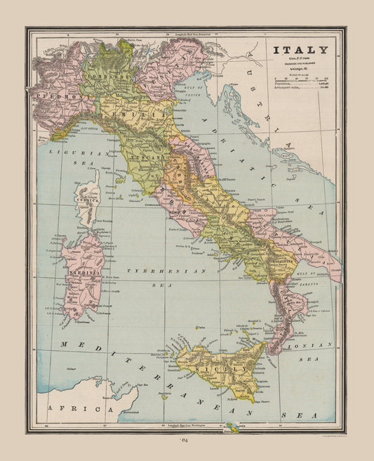 Historic Map - Italy - Cram 1888 - 23 x 28.30 - Vintage Wall Art