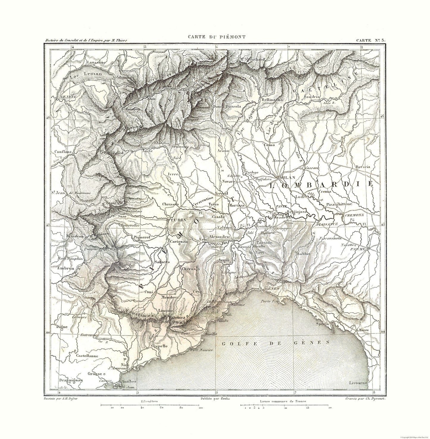 Historic Map - Piedmont Region Italy - Thiers 1866 - 23 x 23.49 - Vintage Wall Art