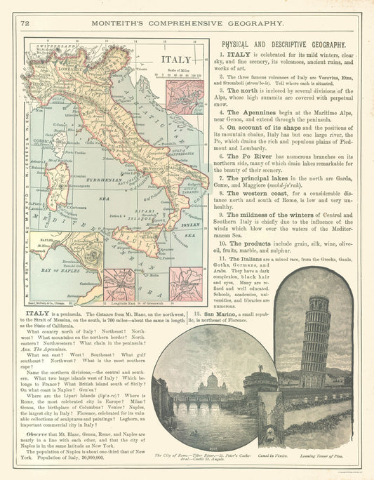 Historic Map - Italy - Monteith 1882 - 23 x 29.51 - Vintage Wall Art