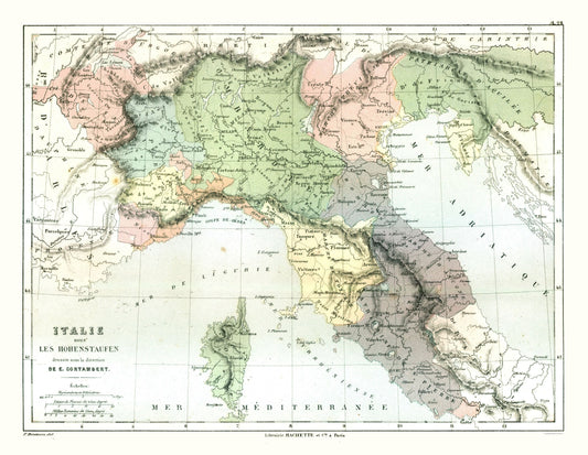Historic Map - Italy Hohenstaufen Dynasty - Cortambert 1880 - 29.71 x 23 - Vintage Wall Art