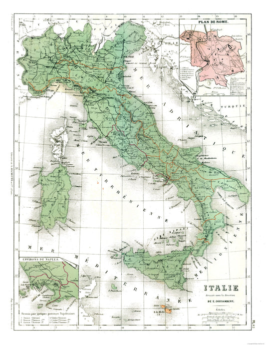 Historic Map - Italy - Cortambert 1880 - 23 x 29.81 - Vintage Wall Art