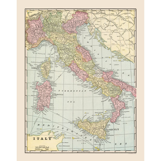 Historic Map - Italy - Cram 1892 - 23 x 29.04 - Vintage Wall Art