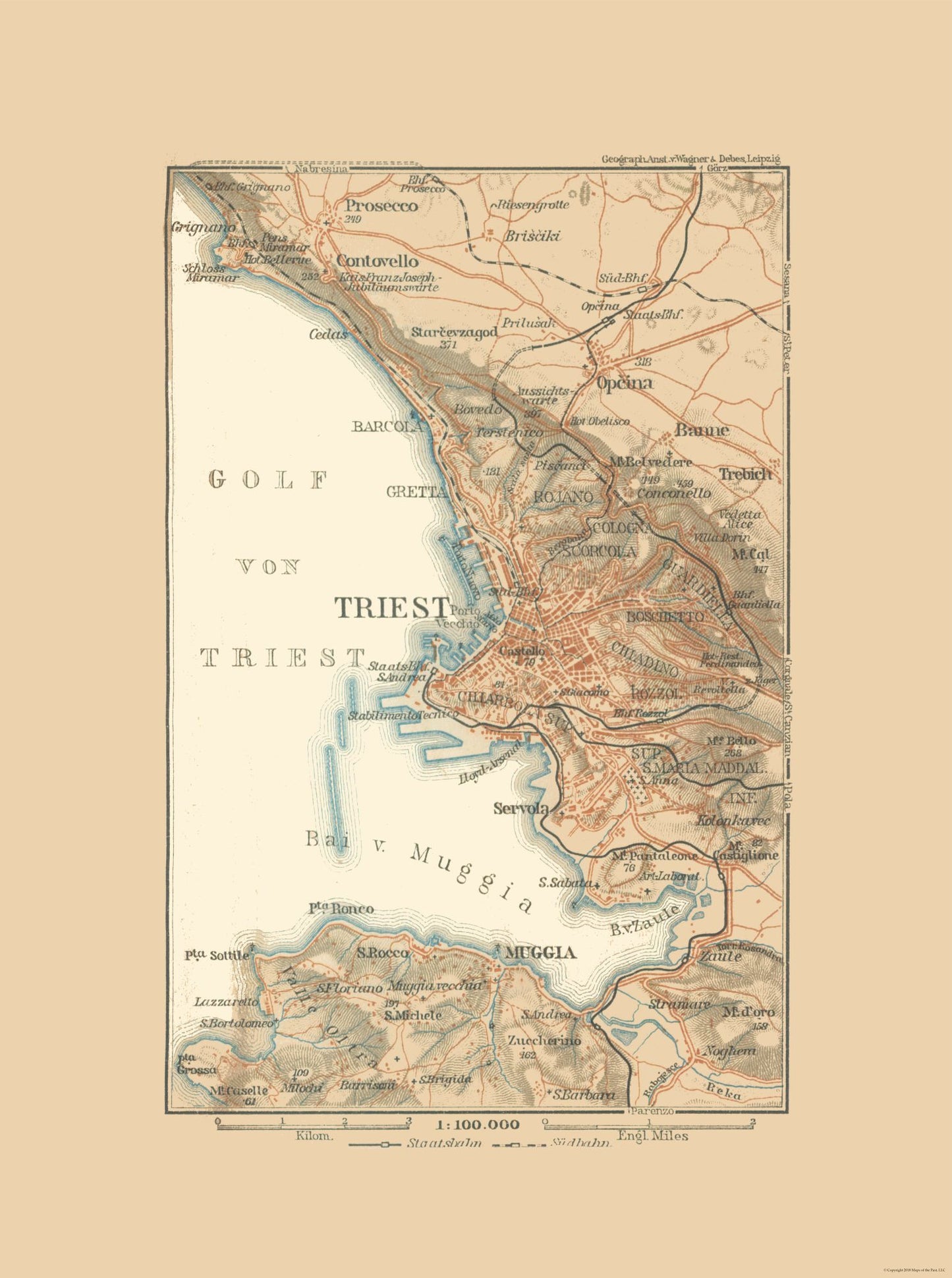 Historic Map - Trieste Region Italy - Baedeker 1910 - 23 x 30.87 - Vintage Wall Art