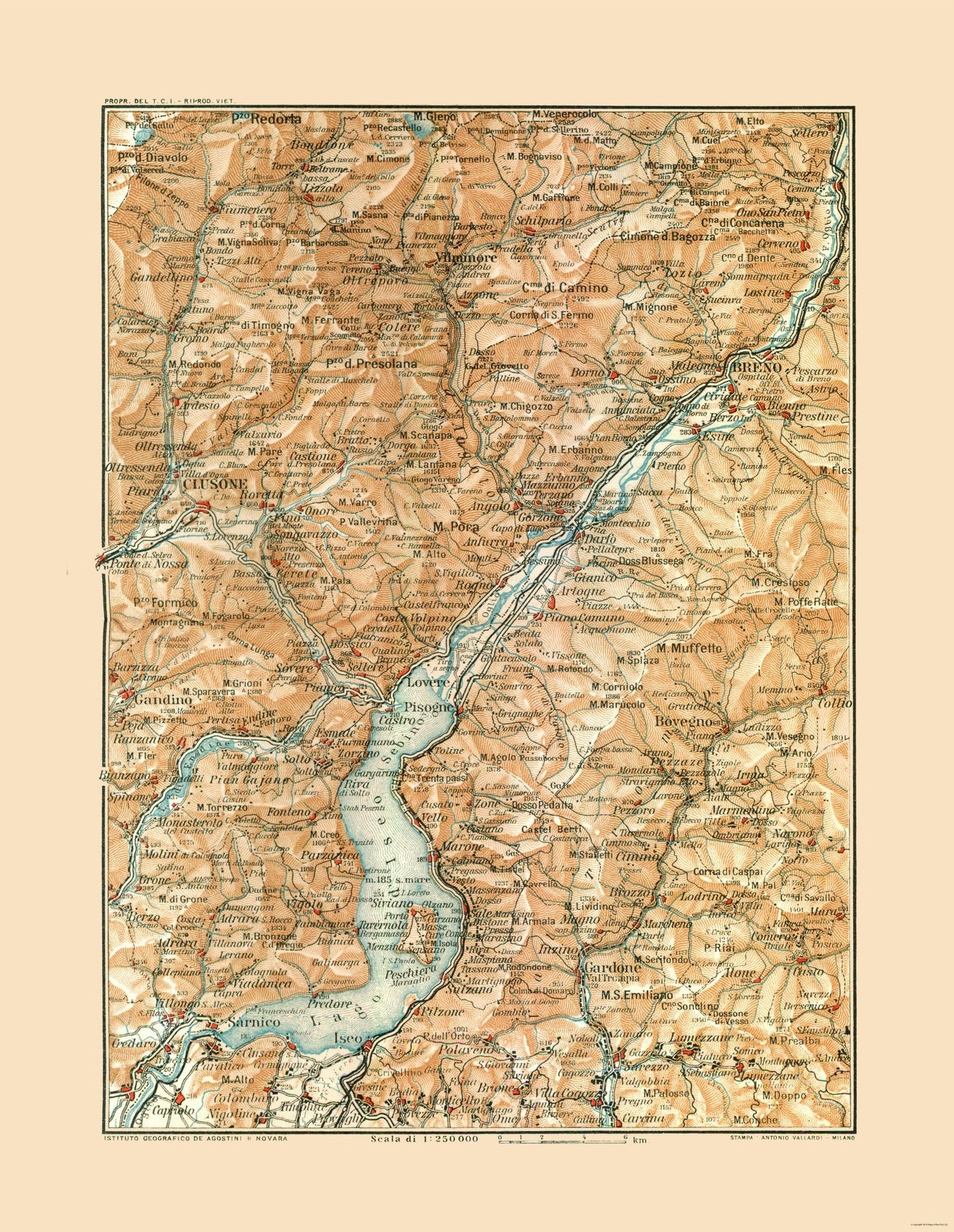 Historic Map - Lake Iseo Italy - Bertarelli 1914 - 23 x 29.67 - Vintage Wall Art