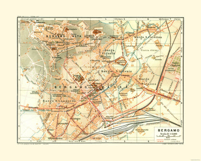 Historic Map - Bergamo Italy - Bertarelli 1914 - 28.68 x 23 - Vintage Wall Art