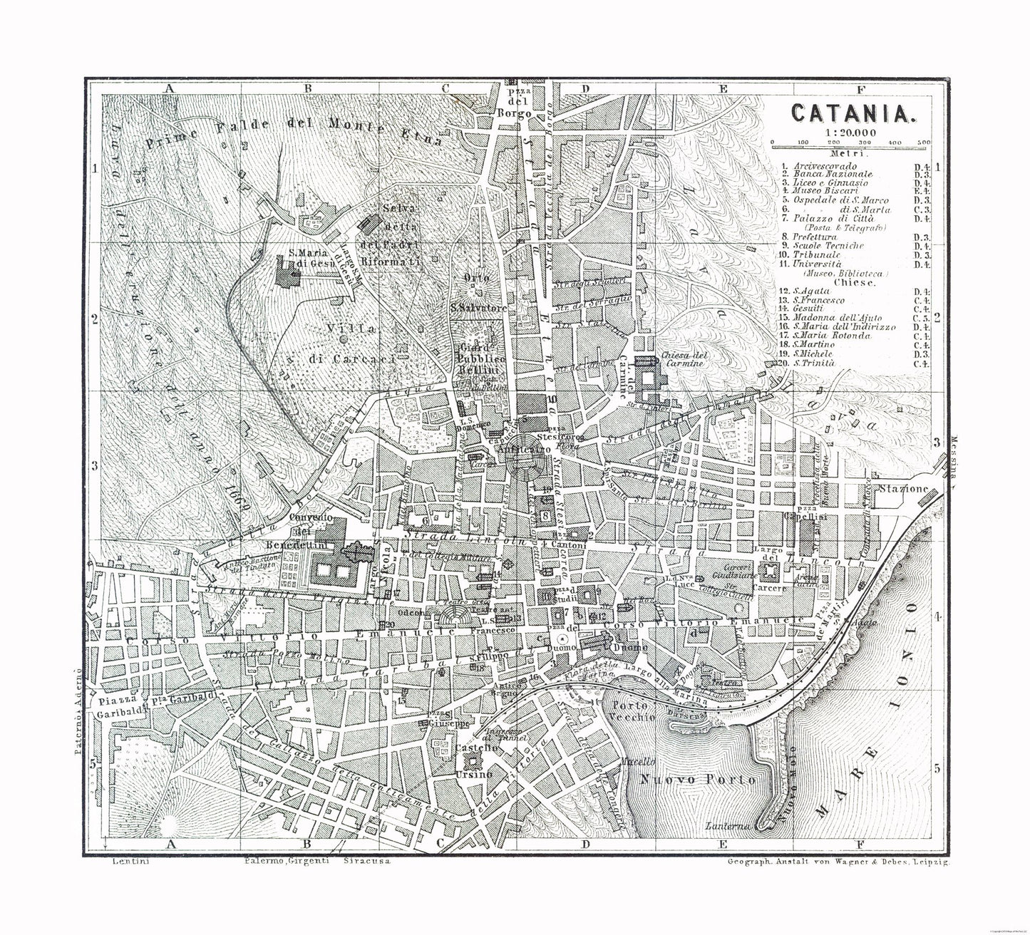 Historic Map - Catania Italy - Baedeker 1880 - 25.33 x 23 - Vintage Wall Art