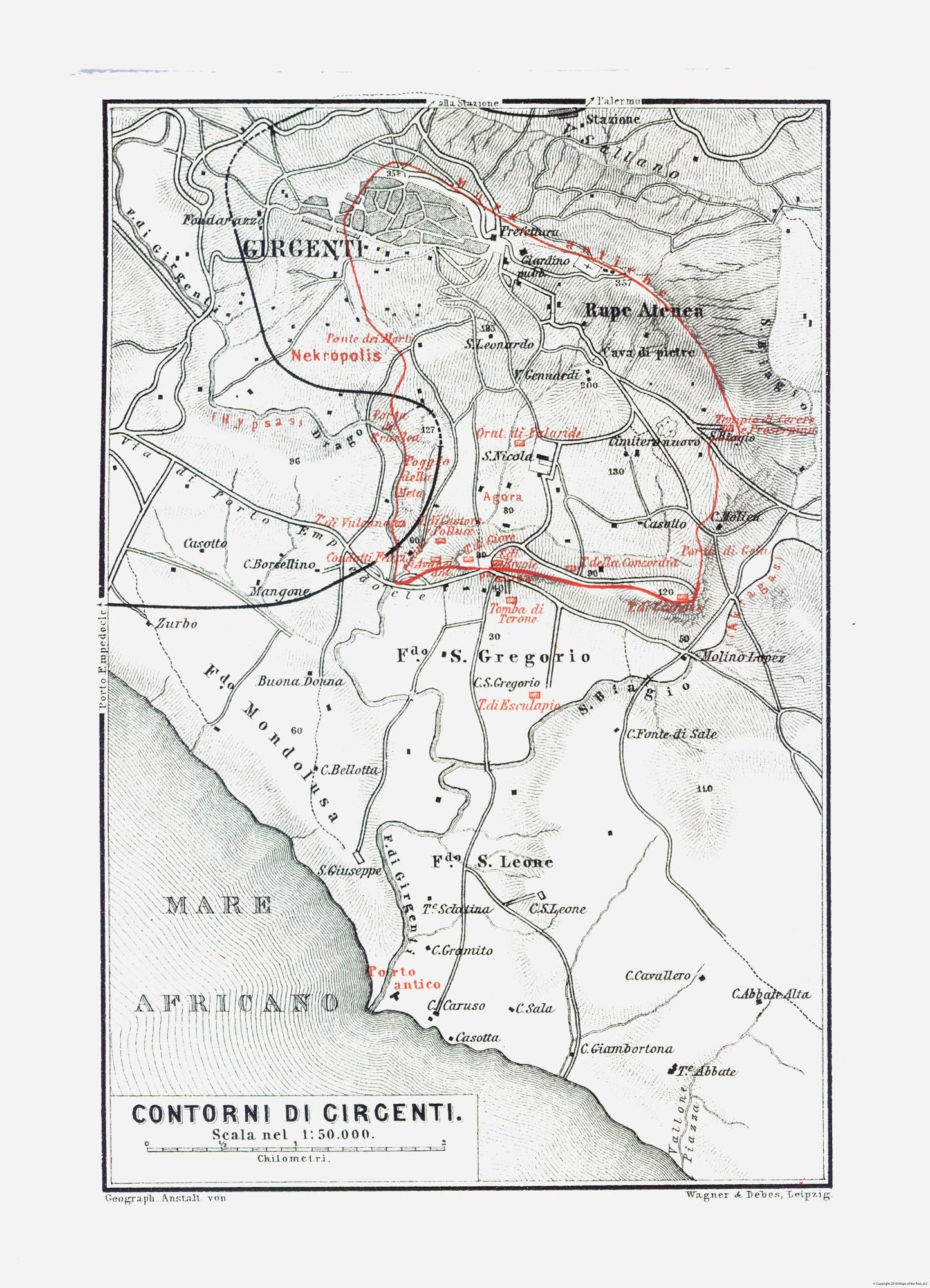 Historic Map - Girgenti Italy - Baedeker 1880 - 23 x 31.82 - Vintage Wall Art