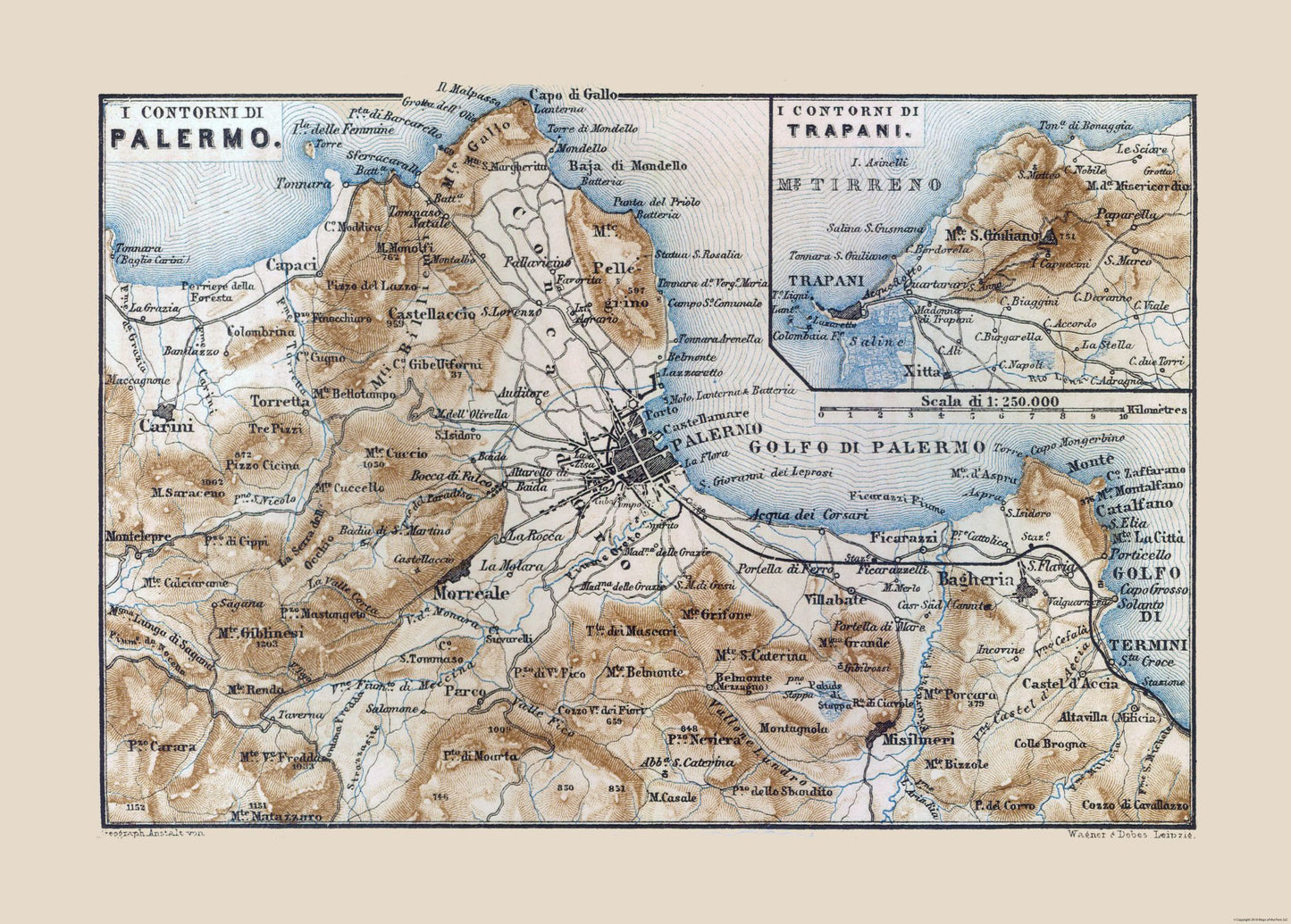 Historic Map - Palermo Trapani Italy - Baedeker 1880 - 32.13 x 23 - Vintage Wall Art