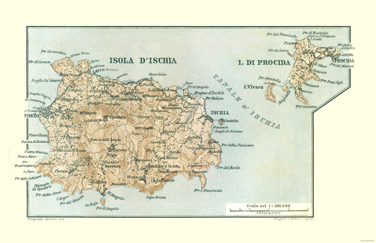 Historic Map - Isola d'Ischia Isola di Procida Italy Europe - Baedeker 1880 - 35.49 x 23 - Vintage Wall Art