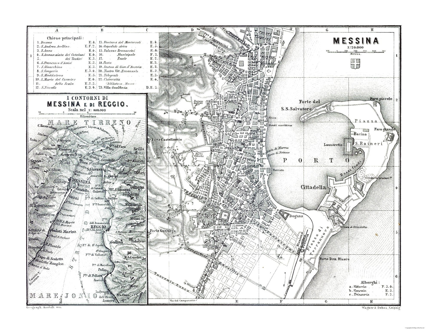 Historic Map - Messina Reggio Italy - Baedeker 1880 - 29.67 x 23 - Vintage Wall Art