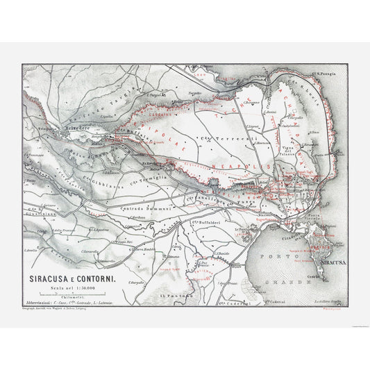 Historic Map - Syracuse Province Italy - Baedeker 1880 - 29.78 x 23 - Vintage Wall Art