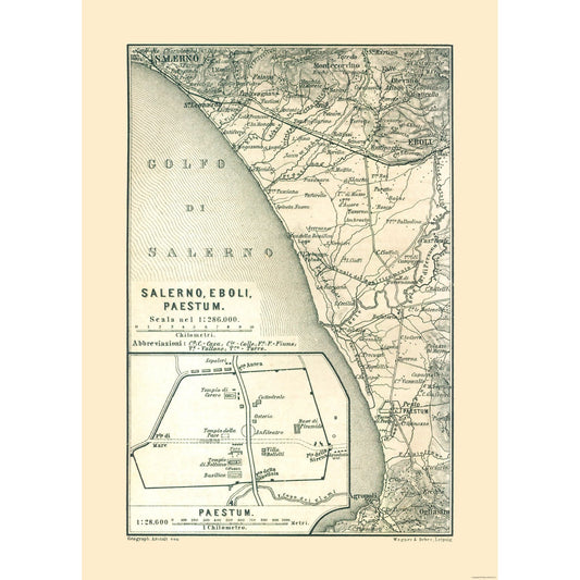 Historic Map - Salerno Eboli Paestrum Italy - Baedeker 1880 - 23 x 32.06 - Vintage Wall Art