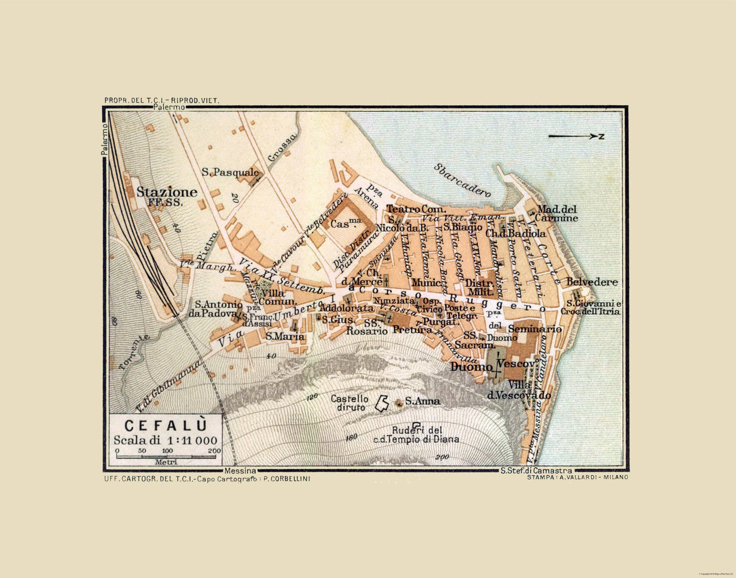 Historic Map - Cefalu Sicily Italy - Baedeker 1880 - 29.25 x 23 - Vintage Wall Art