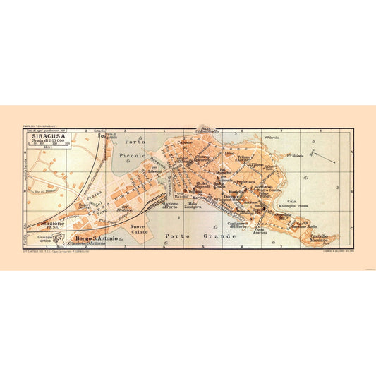 Historic Map - Syracuse Italy - Baedeker 1880 - 52.26 x 23 - Vintage Wall Art