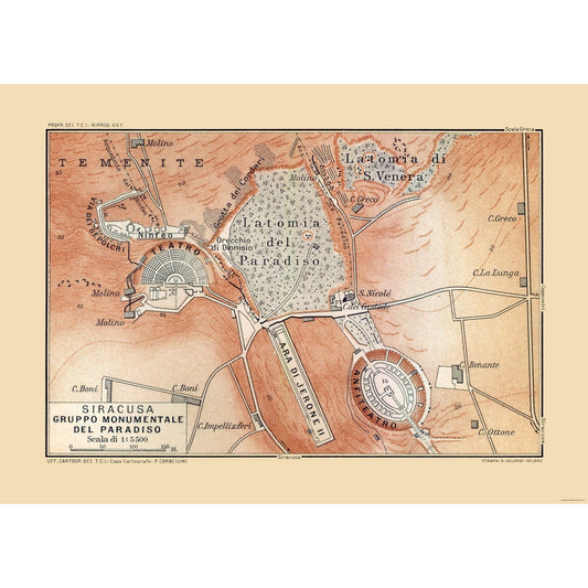 Historic Map - Syracuse Archiological Site Paradiso Italy - Baedeker 1880 - 32.21 x 23 - Vintage Wall Art