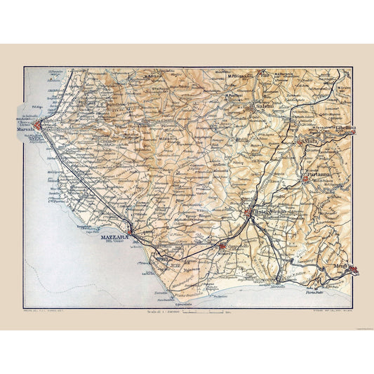 Historic Map - Mazzara Sicily Italy - Baedeker 1880 - 30.00 x 23 - Vintage Wall Art