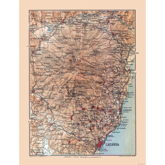Historic Map - Mount Etna Sicily Italy - Baedeker 1880 - 23 x 29.94 - Vintage Wall Art