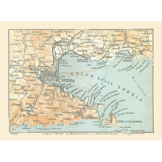 Historic Map - La Spezia Italy- Bertarelli 1914 - 31.28 x 23 - Vintage Wall Art