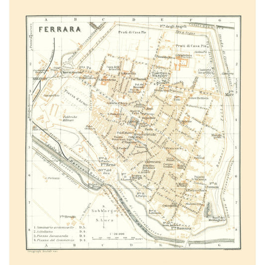 Historic Map - Ferrara Italy - Bertarelli 1914 - 23 x 24.73 - Vintage Wall Art