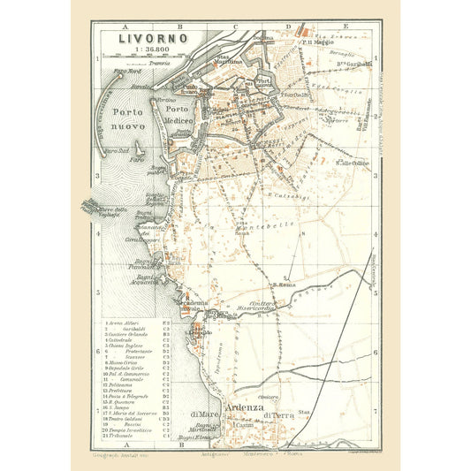 Historic Map - Livorno Italy - Bertarelli 1914 - 23 x 32.83 - Vintage Wall Art