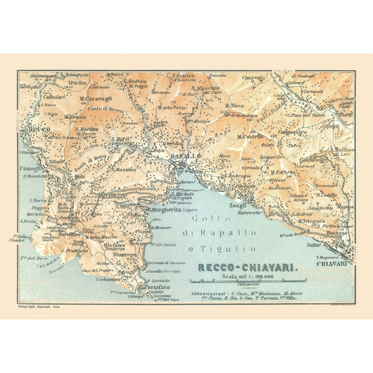 Historic Map - Recco Chiavari Italy - Bertarelli 1914 - 32.23 x 23 - Vintage Wall Art