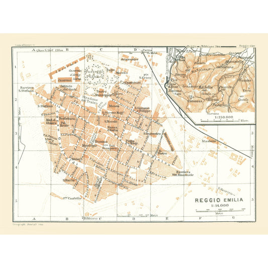 Historic Map - Reggio Emilia Italy - Bertarelli 1914 - 30.60 x 23 - Vintage Wall Art
