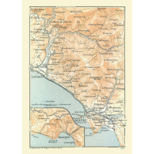 Historic Map - Chiavari Sestri Moneglia Italy - Bertarelli 1914 - 23 x 32.21 - Vintage Wall Art