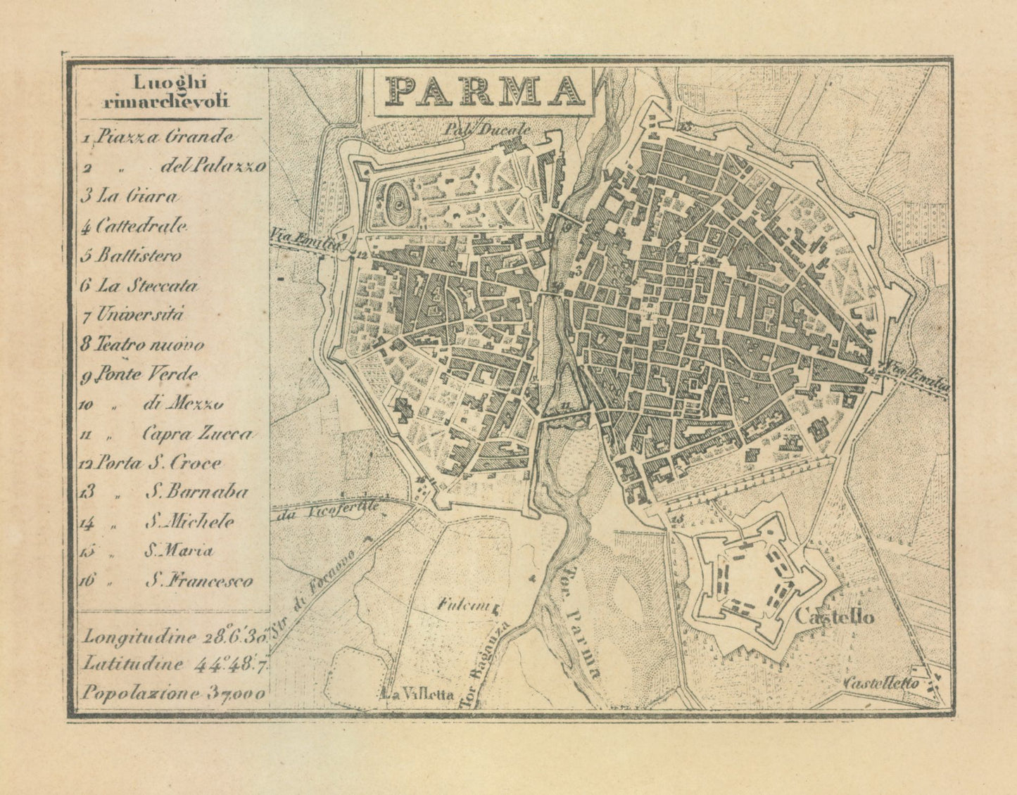 Historic Map - Parma Italy - Castro 1870 - 29.41 x 23 - Vintage Wall Art