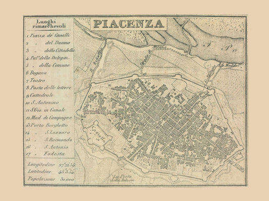 Historic Map - Piacenza Italy - Castro 1870 - 30.84 x 23 - Vintage Wall Art