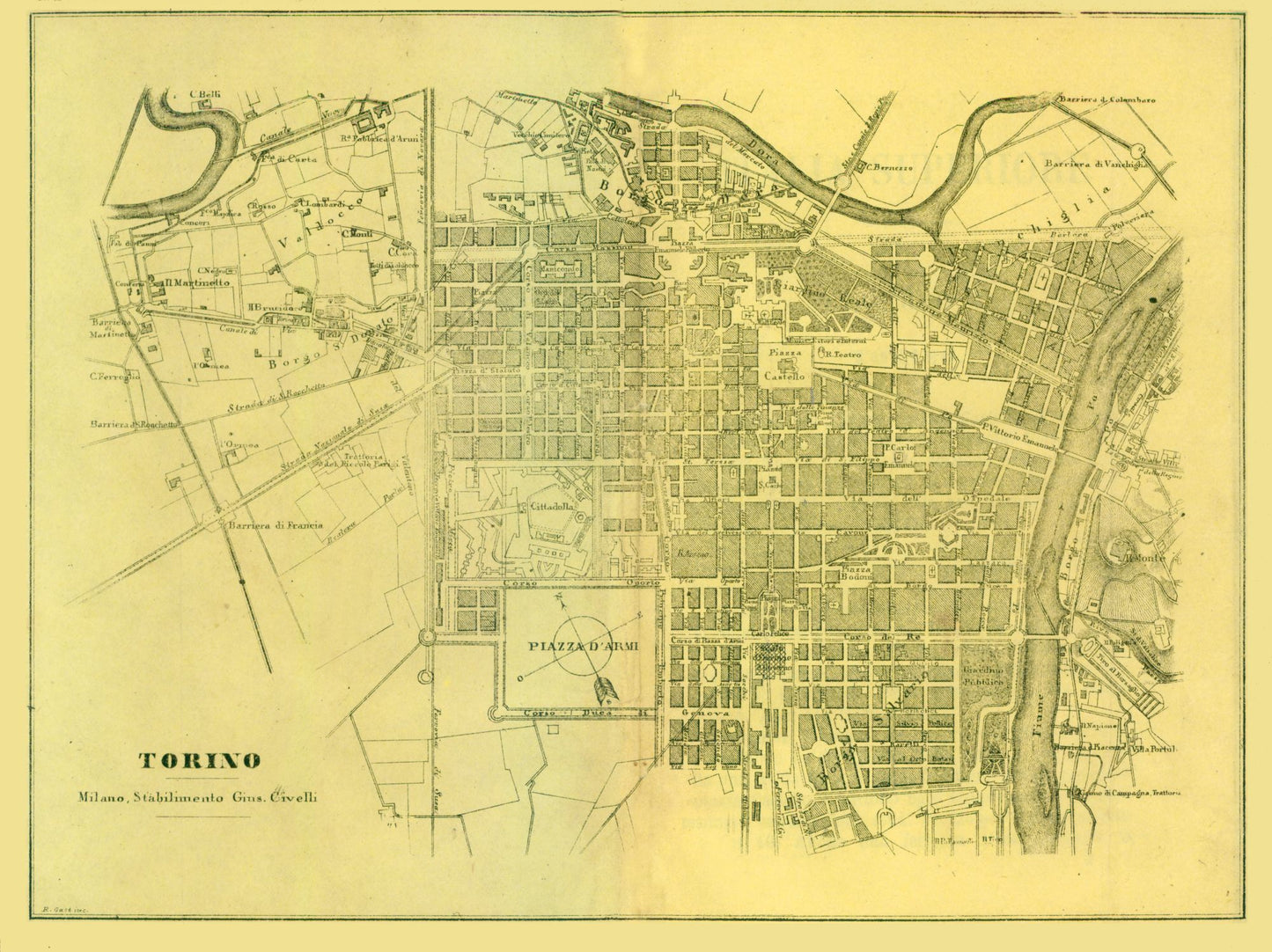 Historic Map - Torino Italy - Muggiani 1865 - 30.72 x 23 - Vintage Wall Art